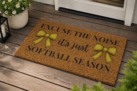 Softball Season Doormat – Excuse The Noise It’s Just Softball Season – Softball Mom Decor – Sports Front Door Mat – Game Day Porch Rug